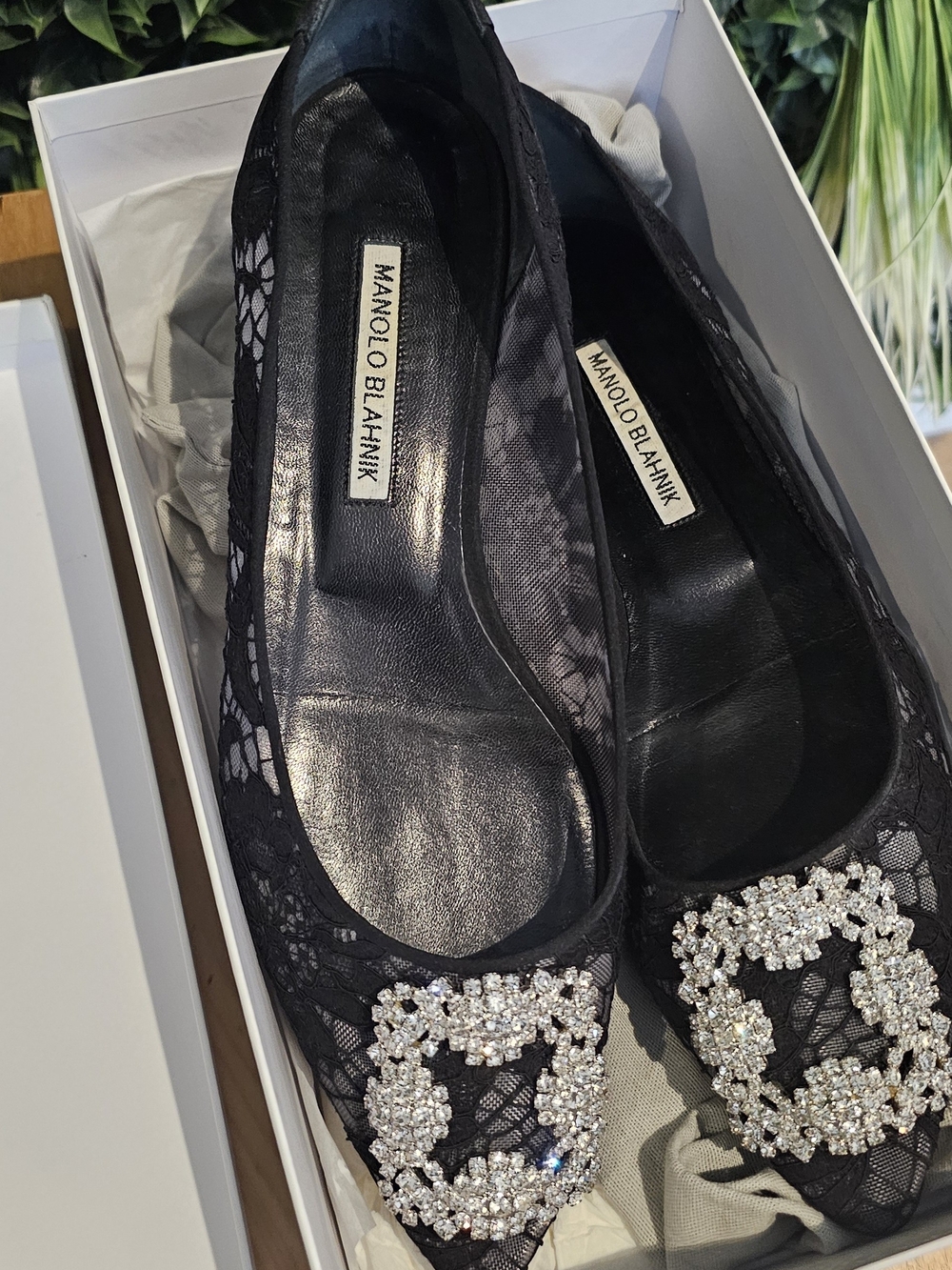 Manolo Blahnik Hangisi Lace Flat Black & Silver Lace Flats